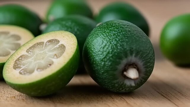 Fresh feijoas sliced on wooden surface, showcasing texture