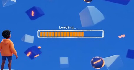 Young person observing a digital loading screen animation