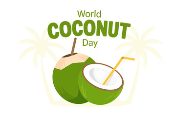 World coconut day celebration with fresh green coconuts, one halved and served as a drink with a straw, against a backdrop of palm trees