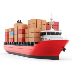 Red Container Ship Loaded with Cargo Boxes, Isolated on White Background