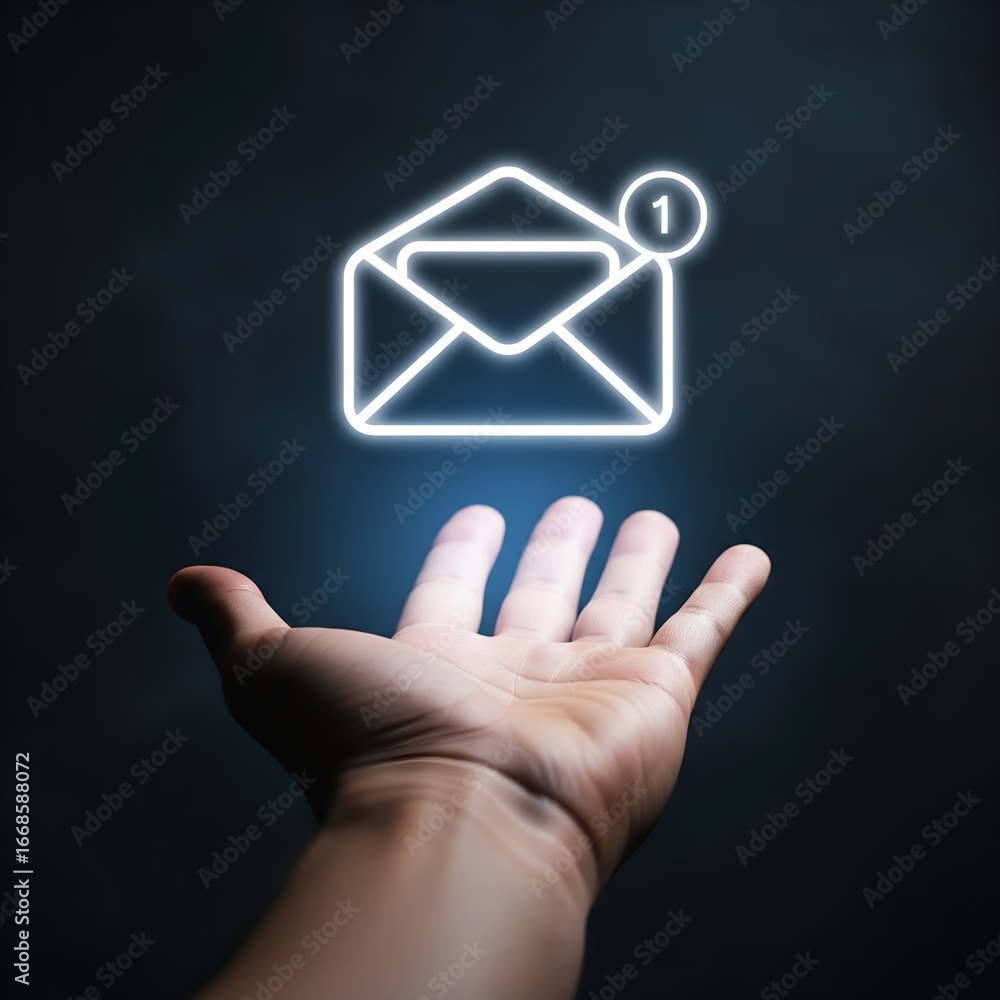 Poster glowing neon envelope icon with notification badge above an open hand
