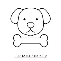 Pets allowed line icon with editable stroke. Vector outline of dog head and bone. Minimalist symbol for hotel, pet friendly service, animals, domestic pets, hospitality and travel design.