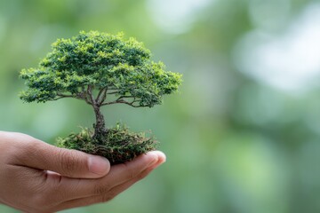 Hand cradles miniature tree, highlighting nature & conservation with blurred background