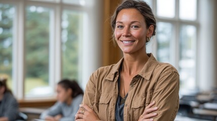 A confident female teacher stands in a bright classroom, smiling warmly. Students are engaged in the background, creating a positive learning environment.