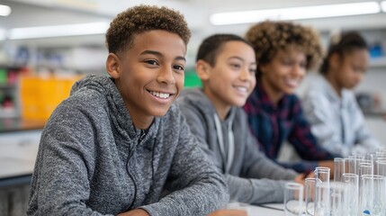 A diverse group of young students smiling and participating in a science experiment in a classroom setting, showcasing teamwork and curiosity.