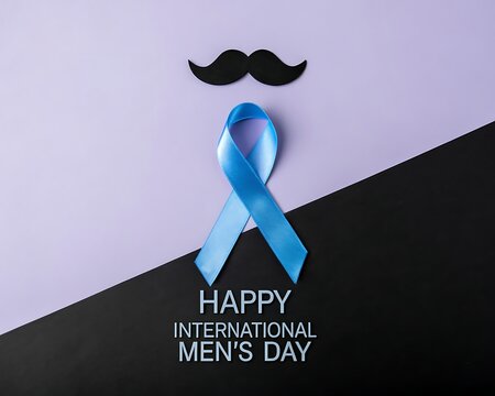 Blue ribbon and mustache symbol for international men s day awareness and support - Powered by Adobe