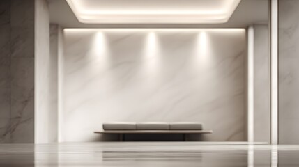 Fototapeta premium blurred image of a minimalist monochrome lounge softly glowing with diffused ceiling light, white marble and deep charcoal palette
