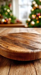Wooden serving platter on rustic table with festive Christmas tree lights in the background during the holiday season