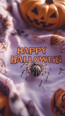 Spooky halloween scene with a spider crawling on a happy halloween shirt with pumpkins around it