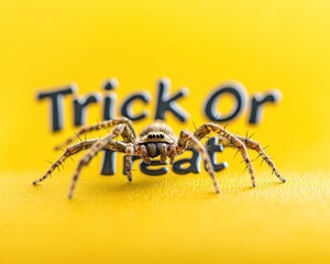 Macro shot of a spider on a yellow background with the words trick or treat for a spooky halloween vibe