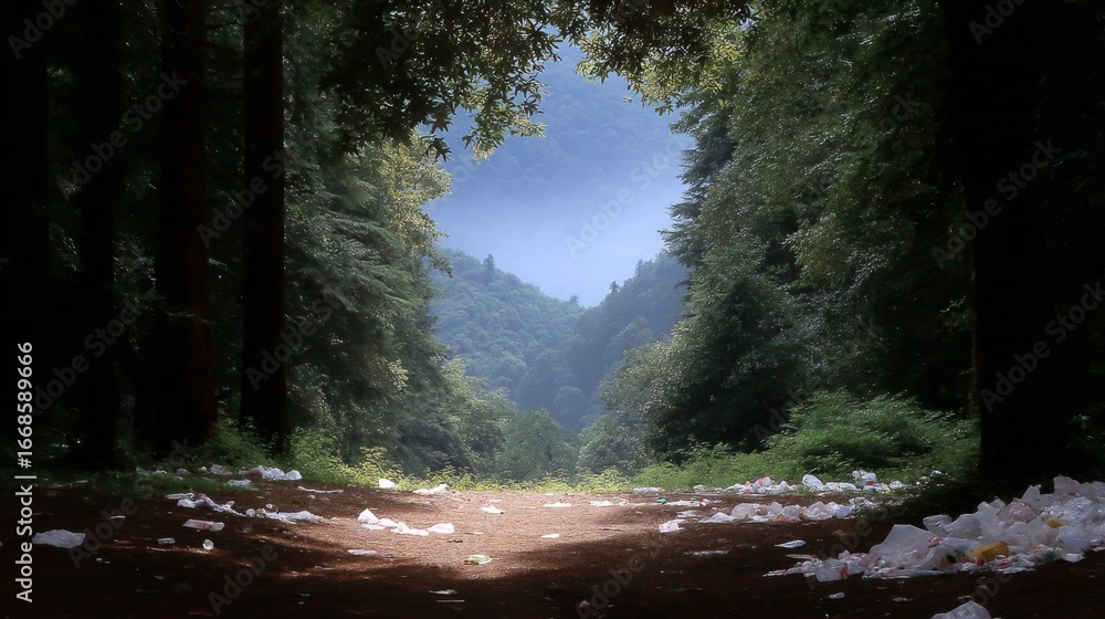 Poster a serene pathway leads through dense green trees. soft light filters through the leaves, creating a 