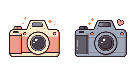 Two colorful cartoon cameras with sparkles and a heart