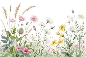Delicate watercolor wildflowers and grasses in a gentle meadow scene isolated on white background