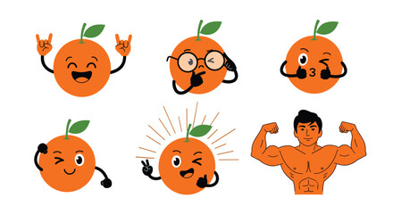 Expressive orange characters showing diverse emotions and actions with a muscular man