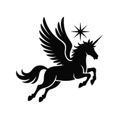 Winged Unicorn Vector Silhouette Illustration with Star in Black and White Style