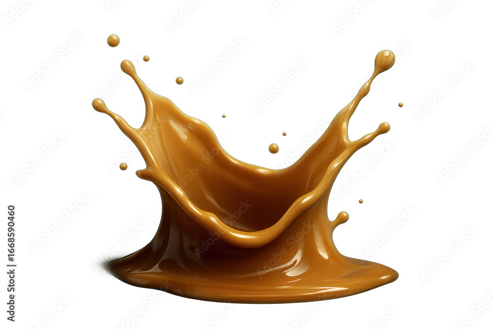 Poster caramel liquid splashing into crown-like shape, generating dynamic droplets against transparent surf