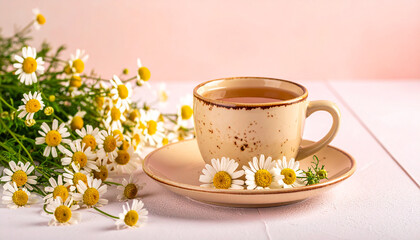 Ceramic cup filled with chamomile tea, fresh flowers and herbs arranged nearby. Tasty hot drink