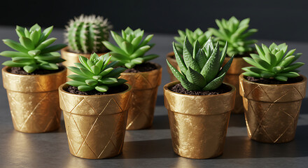 A charming and elegant collection of miniature succulent plants and cacti, each meticulously potted in stylish, golden-painted terracotta pots with subtle geometric patterns.