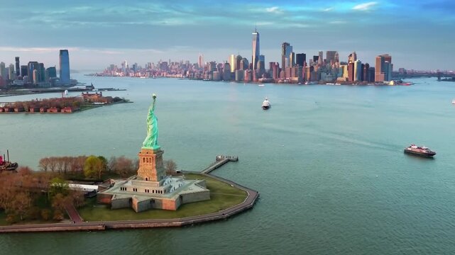 Iconic Statue Of Liberty Standing On Liberty Island With New York City Skyline In The Background, Symbol Of Freedom, Democracy And One Of The Most Famous Landmarks In The World. Aerial View.