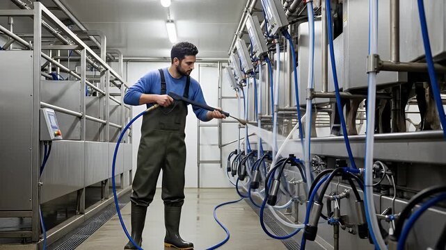 Dairy Farm Worker Power Washing Automated Milking Equipment for Sanitation and Hygiene