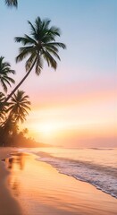 Fototapeta premium A dreamy tropical beach glowing at sunrise with palm silhouettes and calm ocean waves.