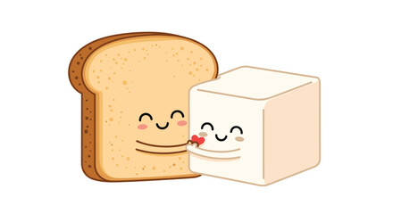 Adorable toast character offering a heart to a delightful butter cube
