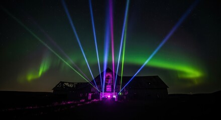 Ethereal Aurora Borealis Illuminates Silhouetted Barn with Vibrant Laser Beams