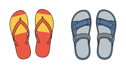 A pair of sandals and a pair of flip flops side by side