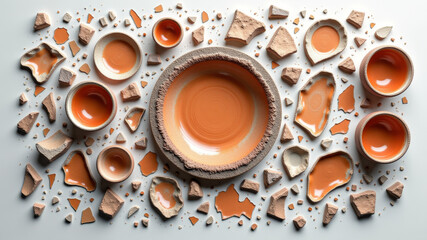 Clay cups and plates broken into pieces scattered on wooden background