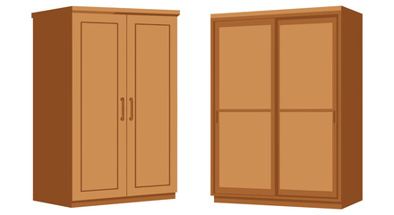 Two wooden wardrobes with different door styles on white background