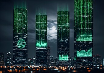 City skyscrapers at night illuminated by streams of glowing binary codes symbolizing cyber security.