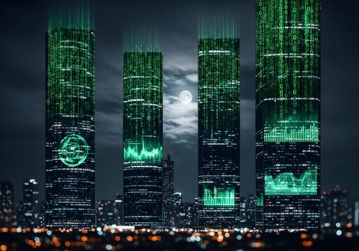 City skyscrapers at night illuminated by streams of glowing binary codes symbolizing cyber security. - Powered by Adobe