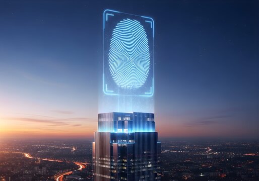Futuristic urban skyline with digital fingerprint hologram representing identity protection.