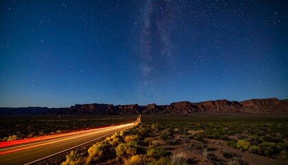 Starry Night Desert Highway: Light Trails and Majestic Mountains under the Milky Way