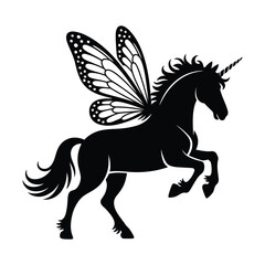 Obraz premium Winged Unicorn Vector Silhouette Illustration with Butterfly Wings on White Background Art