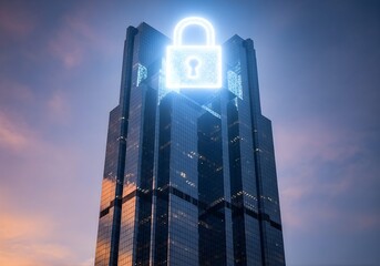A modern skyline at night with a luminous holographic lock symbolizing cyber security.