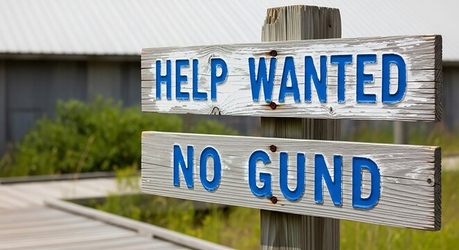 Help wanted no gund sign on a wooden post with a boardwalk and greenery in the background