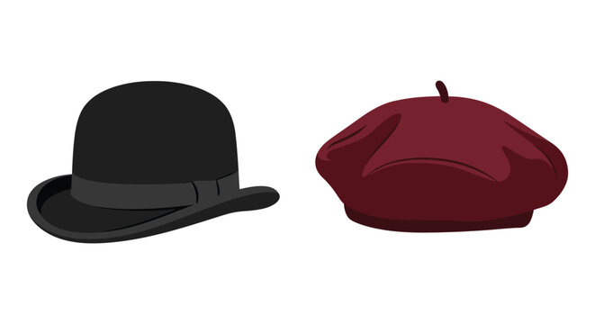 A black bowler hat and a red apple on a white background