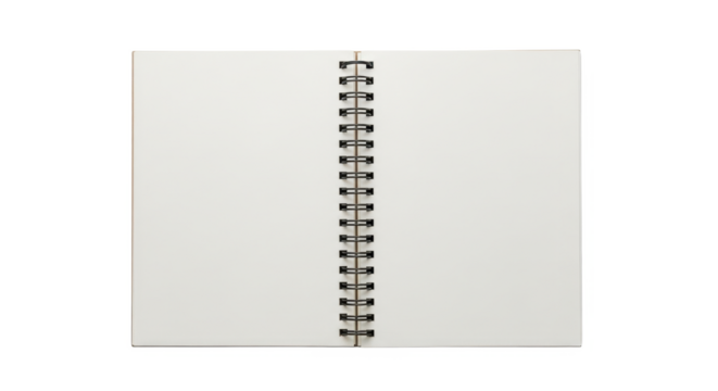 An open, blank spiral notebook lays flat against a white background, ready for writing or drawing.