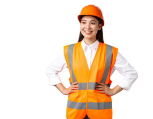 Confident and smiling builder in his orange uniform isolated on a transparent background.