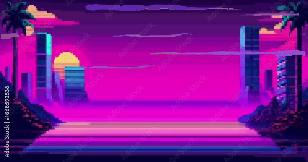 Aufkleber abstract background with city skyline. seamless animation. vector pixel art of 80s. retro sci-fi bac