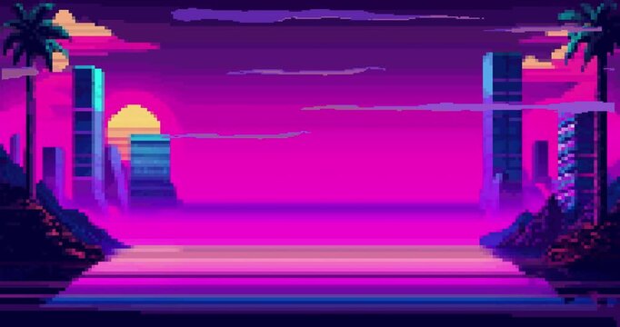 Abstract background with city skyline. Seamless animation. Vector pixel art of 80s. Retro sci-Fi background. Pixel art 8bit retro game