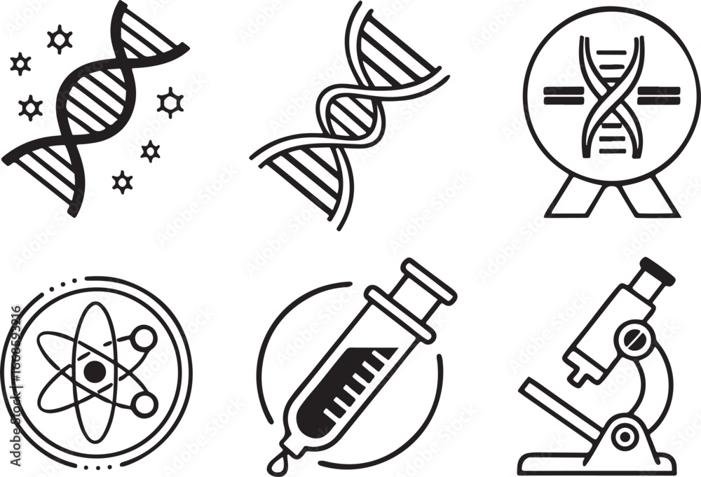 Poster lab test dna report line art vector icon set. health and medical flat black outline icons for web an
