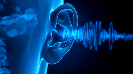Visible Sounds. close-up digital illustration of a human ear in a blue x-ray, with sound waves represented by expanding, glowing blue circles against a dark background