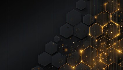 Abstract background of black hexagons with glowing golden connections and particles