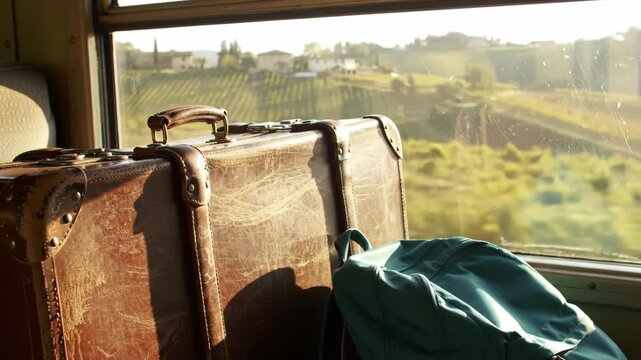 Suitcase and backpack on a train with rural landscape outside.