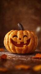 Delicious halloween pumpkin pie with a happy face sitting on a wooden table with fall leaves around it
