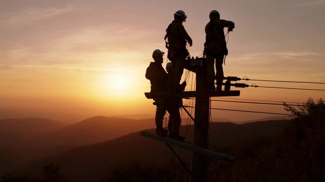 Electrical workers repairing power lines on a utility pole at sunset in a mountainous area.