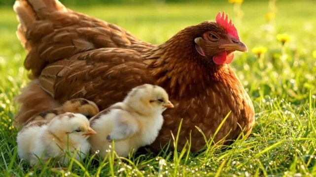 A hen rests in grass with two small fluffy chicks nestled under its wings