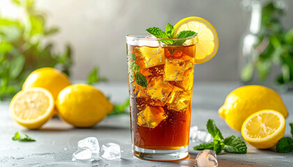 Fototapeta premium Classic iced black tea in tall glass with lemon wedges, ice cubes and mint leaves. Tasty beverage